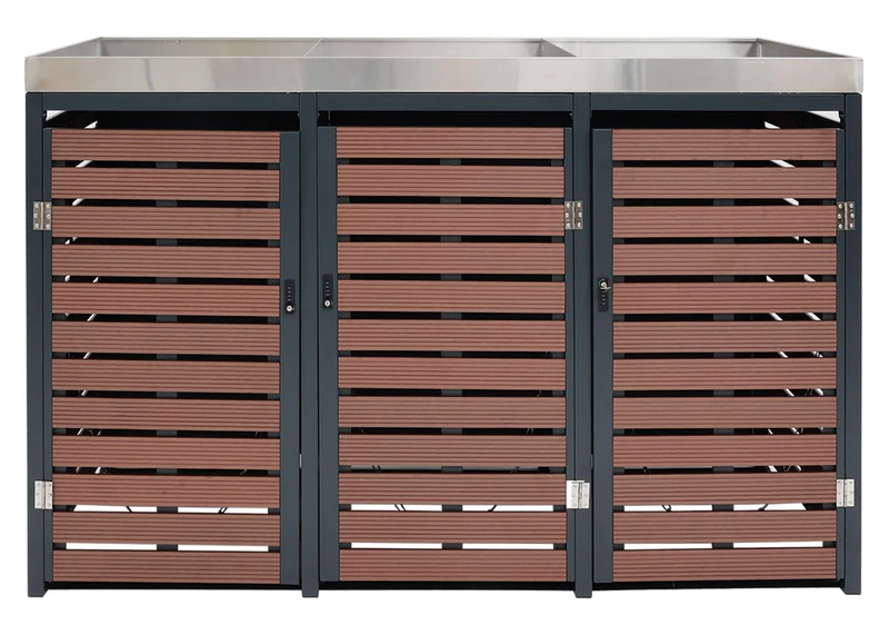 Abri poubelles triple avec bac à plantes 200 x 84 cm structure en acier galvanisé panneaux en bois composite WPC 04_0008237