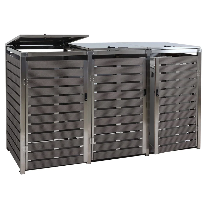 Abri poubelles triple 200 x 85 cm hauteur 120 cm bois composite anthracite acier inoxydable 04_0008234