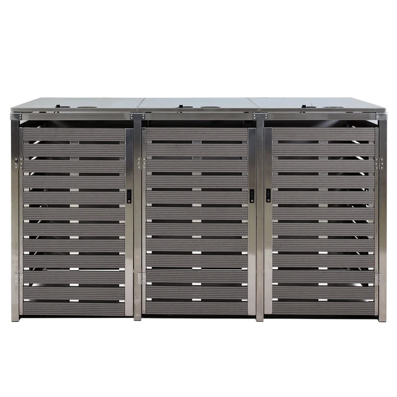 Abri poubelles triple 200 x 85 cm hauteur 120 cm bois composite anthracite acier inoxydable 04_0008234