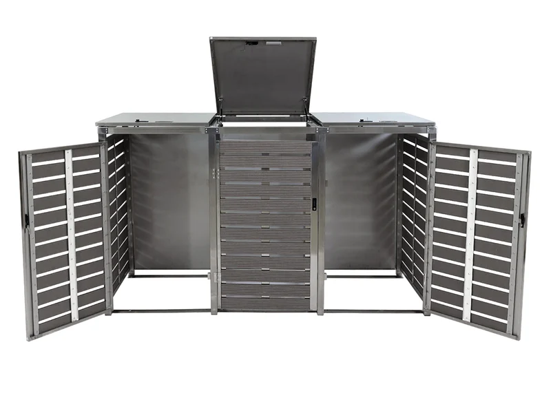 Abri poubelles triple 200 x 85 cm hauteur 120 cm bois composite anthracite acier inoxydable 04_0008234