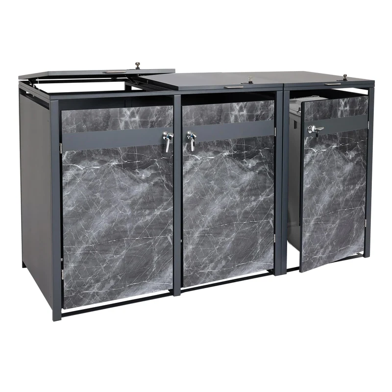Abri poubelles triple 3 bacs 80 à 240 L 200 x 80 cm métal effet marbre anthracite 04_0008233