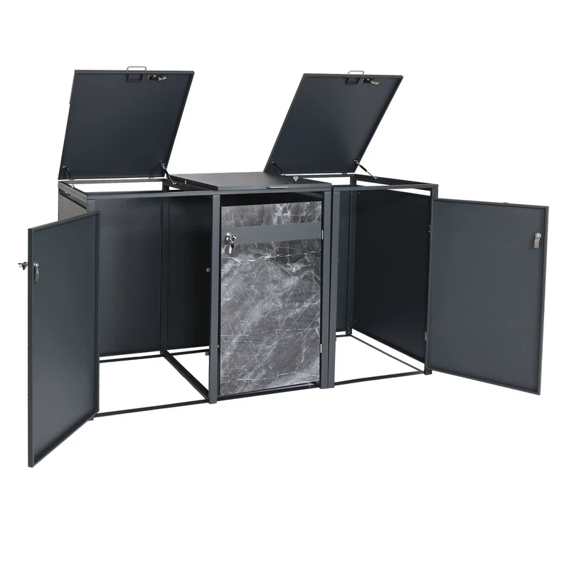 Abri poubelles triple 3 bacs 80 à 240 L 200 x 80 cm métal effet marbre anthracite 04_0008233