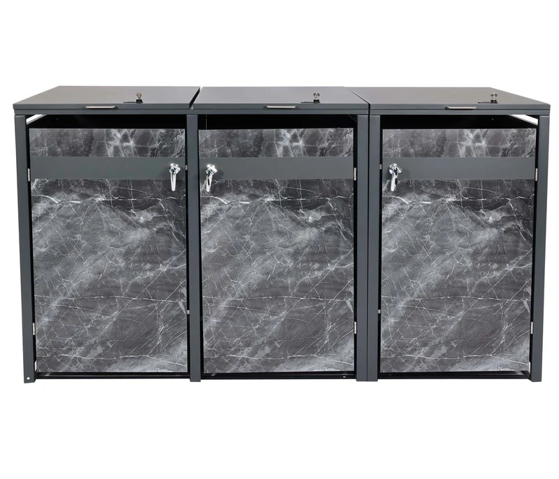Abri poubelles triple 3 bacs 80 à 240 L 200 x 80 cm métal effet marbre anthracite 04_0008233
