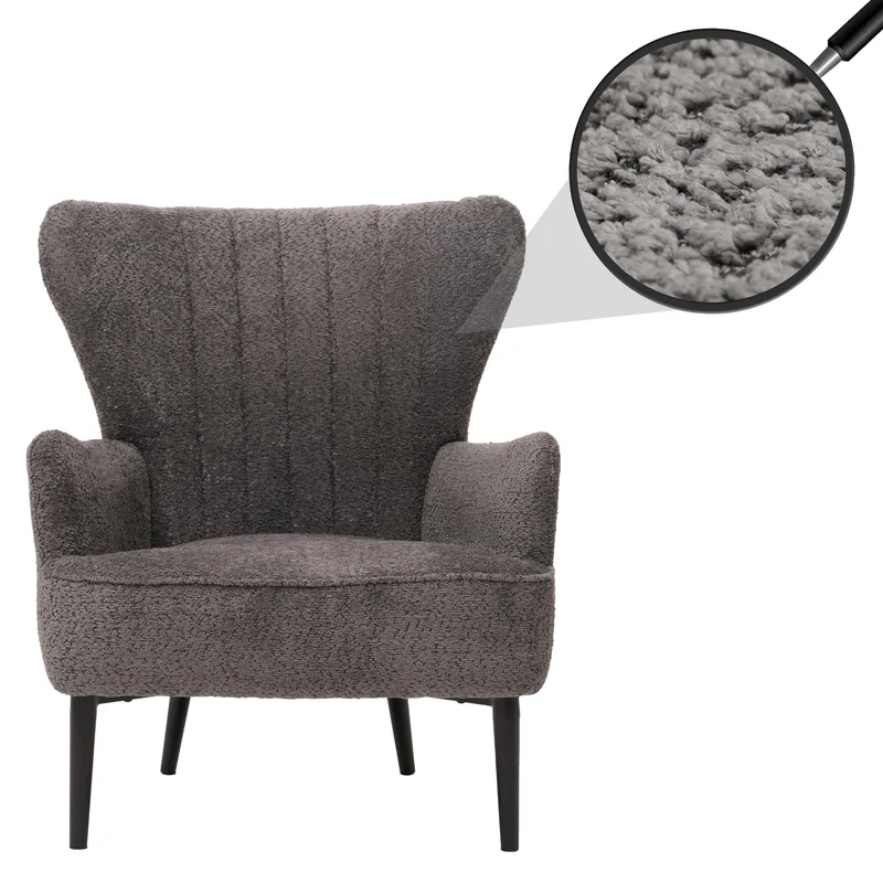 Fauteuil lounge design style rétro avec accoudoirs assise large rembourrage épais tissu chenille gris foncé structure métal 04_0009990