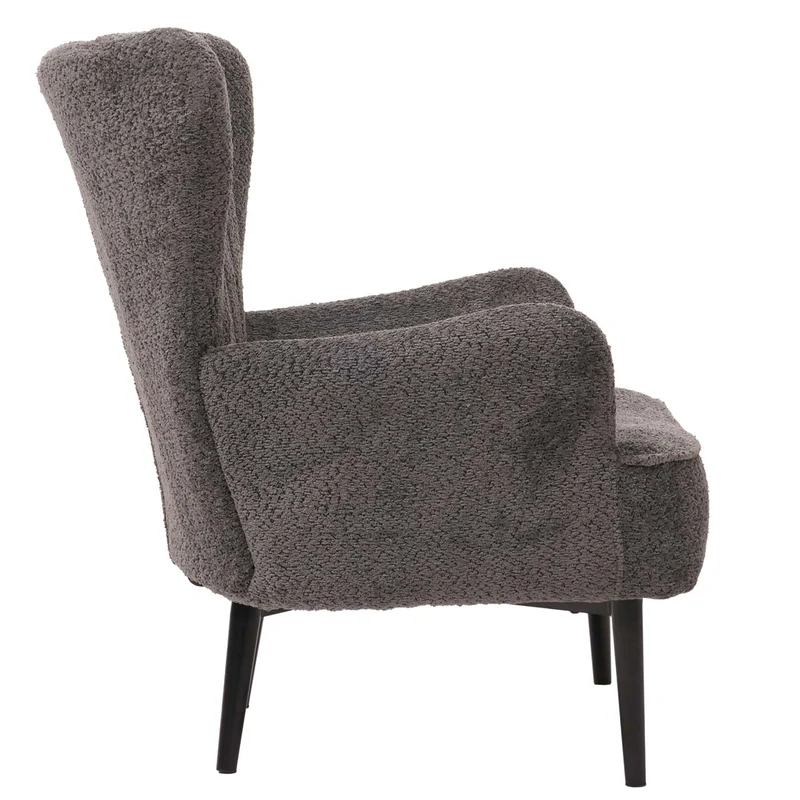 Fauteuil lounge design style rétro avec accoudoirs assise large rembourrage épais tissu chenille gris foncé structure métal 04_0009990