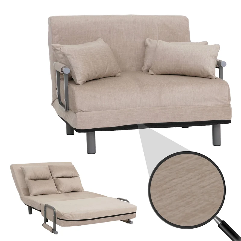 Fauteuil convertible 2 places avec fonction lit surface 190x100 assise épaisse accoudoirs rabattables tissu chenille crème structure métal 04_0010004