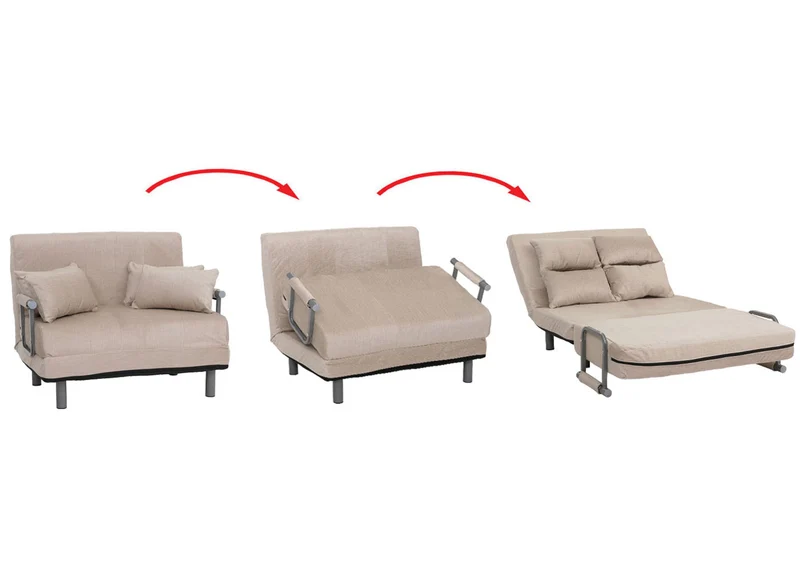 Fauteuil convertible 2 places avec fonction lit surface 190x100 assise épaisse accoudoirs rabattables tissu chenille crème structure métal 04_0010004