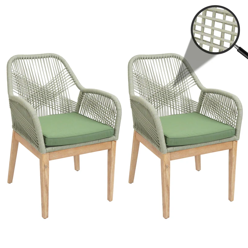 Lot de 2 chaises de jardin moderne résistant aux intempériese en bois d’acacia dossier arrondi en corde tressée vert coussin vert 04_0009621