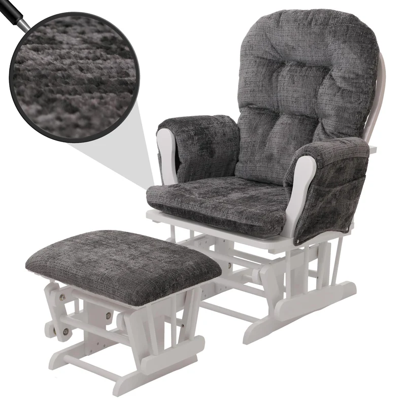 Fauteuil relax à bascule avec repose pieds assise confortable poches latérales tissu chenille gris foncé structure bois blanc 04_0009920