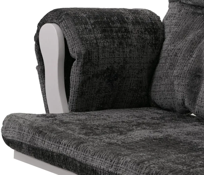 Fauteuil relax à bascule avec repose pieds assise confortable poches latérales tissu chenille gris foncé structure bois blanc 04_0009920