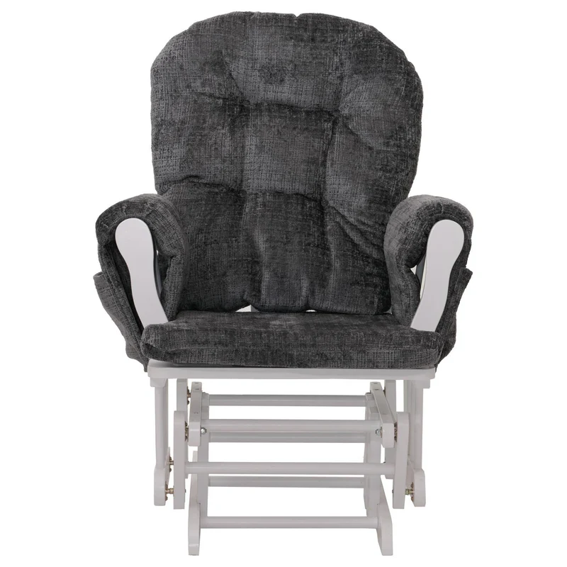Fauteuil relax à bascule avec repose pieds assise confortable poches latérales tissu chenille gris foncé structure bois blanc 04_0009920