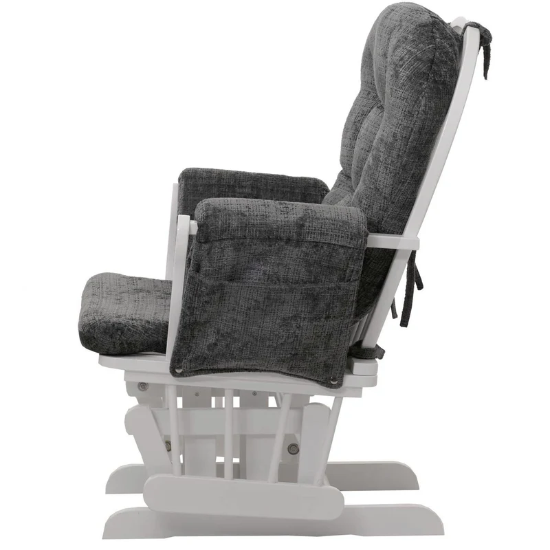 Fauteuil relax à bascule avec repose pieds assise confortable poches latérales tissu chenille gris foncé structure bois blanc 04_0009920