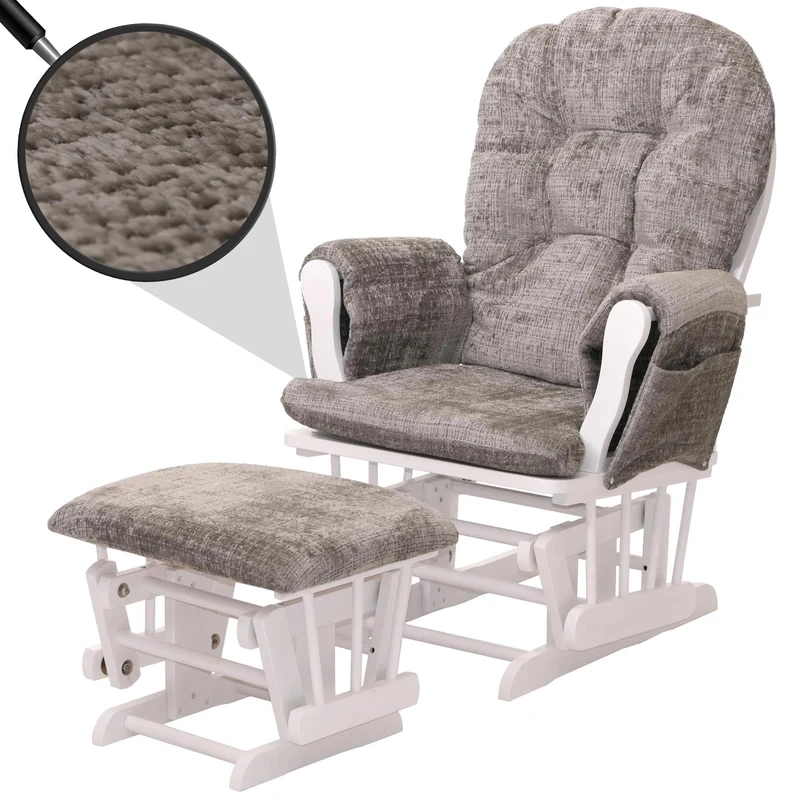 Fauteuil relax à bascule avec repose pieds assise confortable poches latérales tissu chenille gris clair structure bois blanc 04_0009921