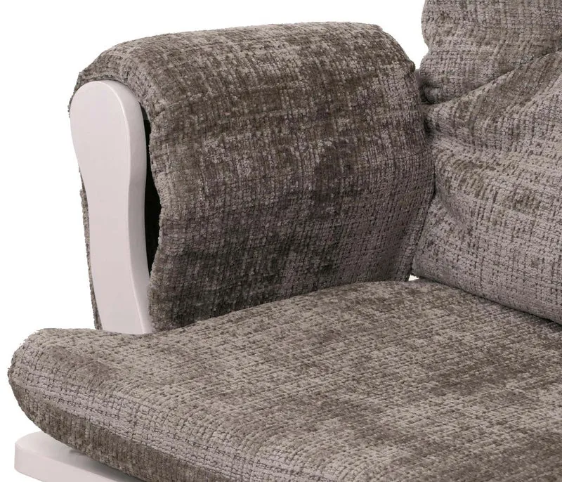 Fauteuil relax à bascule avec repose pieds assise confortable poches latérales tissu chenille gris clair structure bois blanc 04_0009921