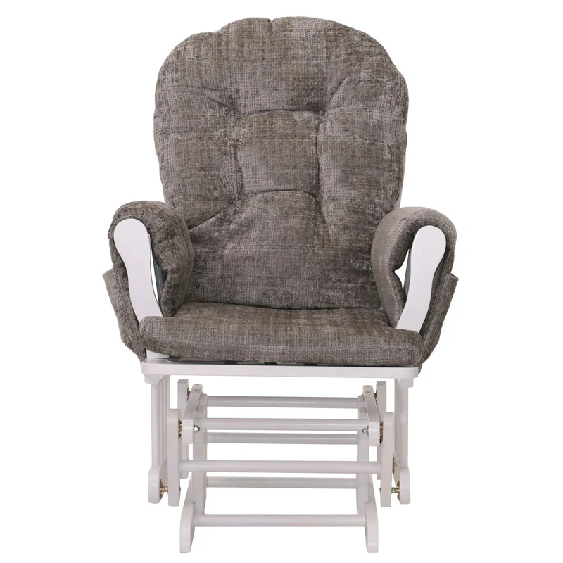 Fauteuil relax à bascule avec repose pieds assise confortable poches latérales tissu chenille gris clair structure bois blanc 04_0009921