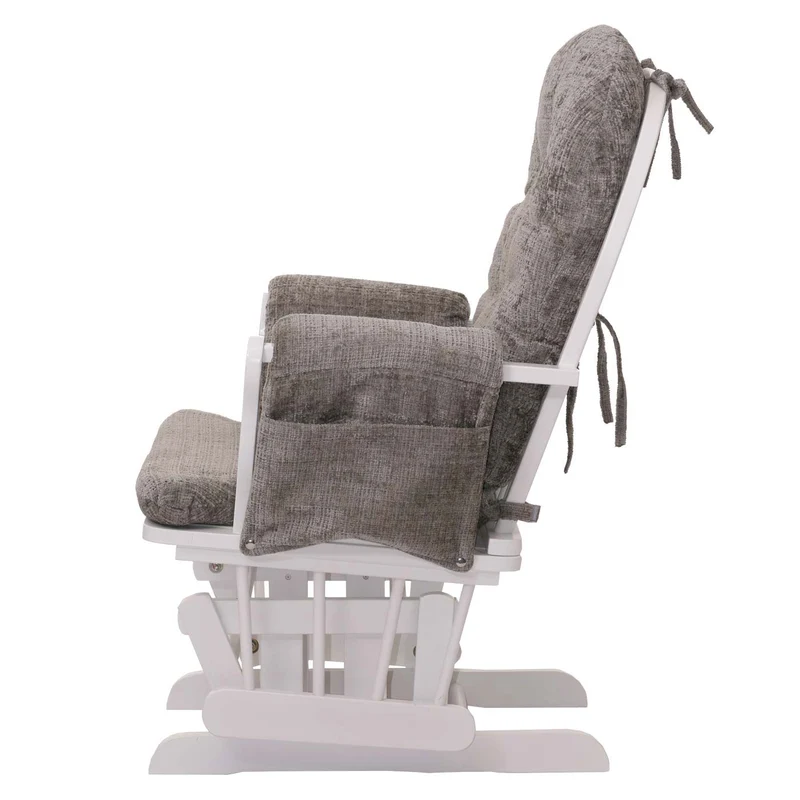 Fauteuil relax à bascule avec repose pieds assise confortable poches latérales tissu chenille gris clair structure bois blanc 04_0009921