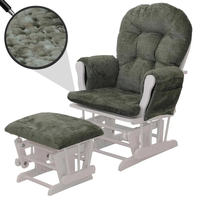 Fauteuil relax à bascule avec repose pieds assise confortable poches latérales tissu chenille vert structure bois blanc 04_0009918