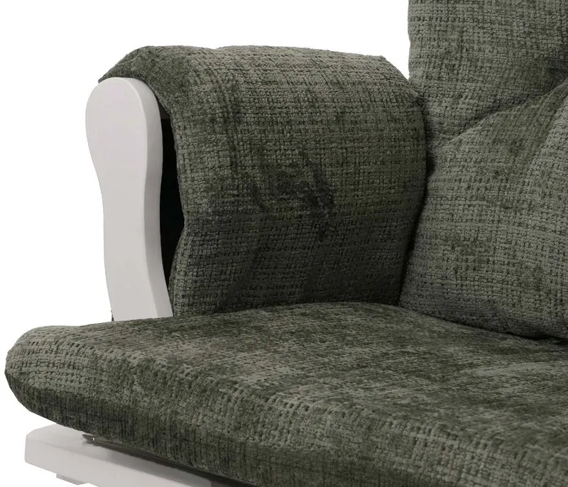 Fauteuil relax à bascule avec repose pieds assise confortable poches latérales tissu chenille vert structure bois blanc 04_0009918
