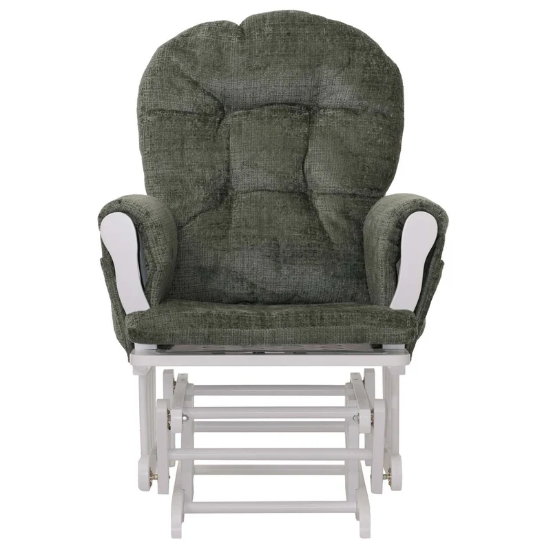 Fauteuil relax à bascule avec repose pieds assise confortable poches latérales tissu chenille vert structure bois blanc 04_0009918