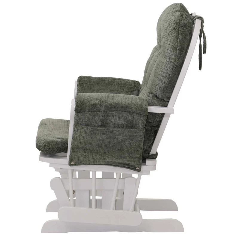 Fauteuil relax à bascule avec repose pieds assise confortable poches latérales tissu chenille vert structure bois blanc 04_0009918