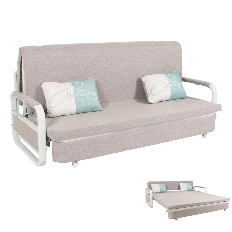 Canapé convertible avec coffre de rangement fonction lit grande surface de couchage accoudoirs coussins confort tissu gris clair 04_0010109