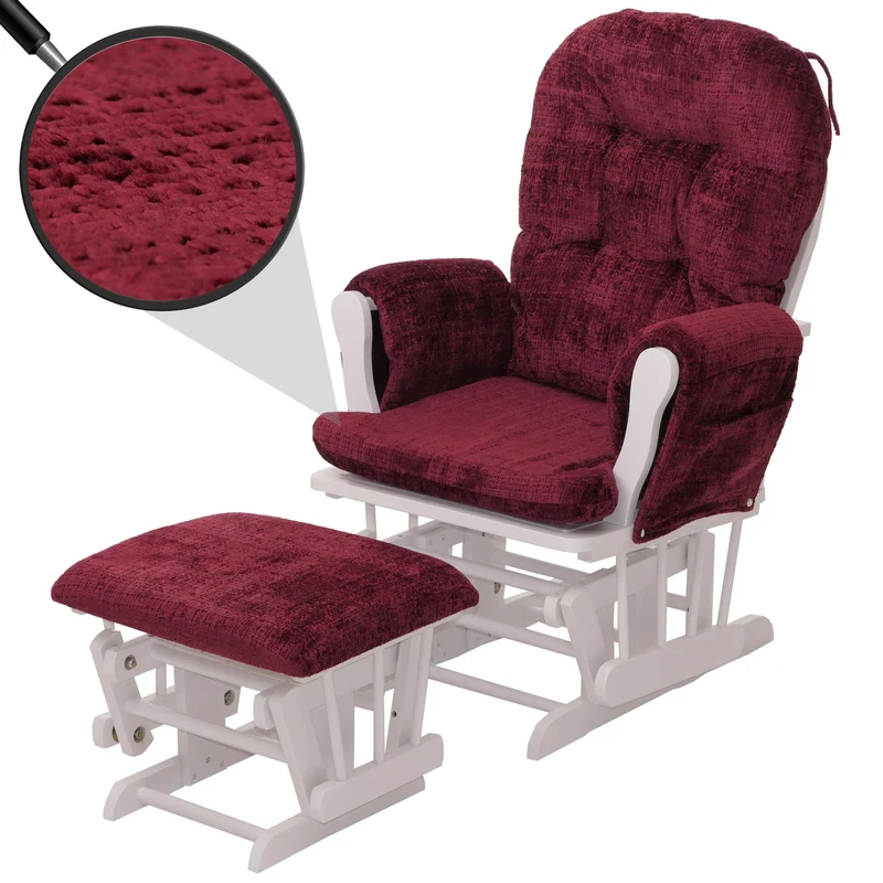 Fauteuil relax à bascule avec repose pieds assise confortable poches latérales tissu chenille bordeaux structure bois blanc 04_0009919