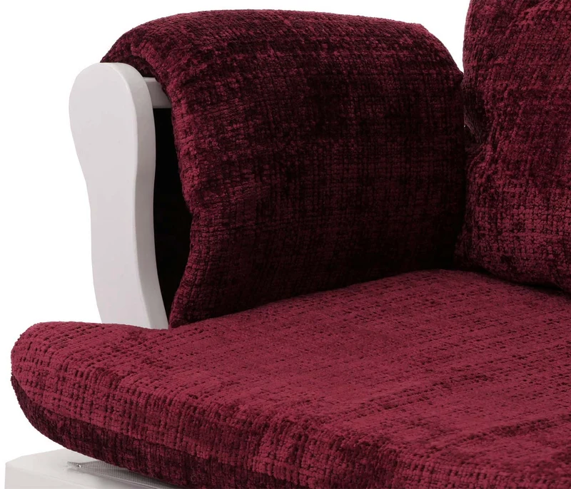 Fauteuil relax à bascule avec repose pieds assise confortable poches latérales tissu chenille bordeaux structure bois blanc 04_0009919