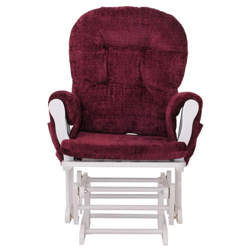 Fauteuil relax à bascule avec repose pieds assise confortable poches latérales tissu chenille bordeaux structure bois blanc 04_0009919