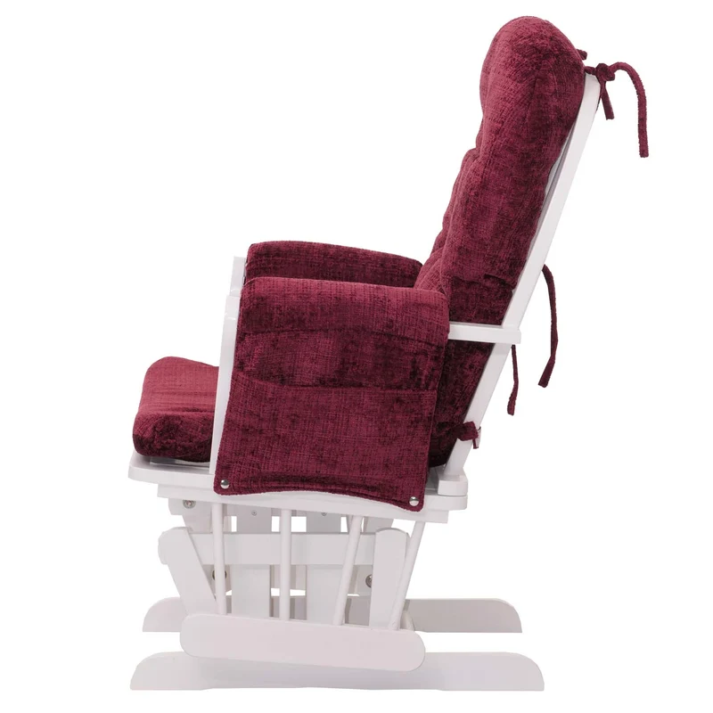 Fauteuil relax à bascule avec repose pieds assise confortable poches latérales tissu chenille bordeaux structure bois blanc 04_0009919