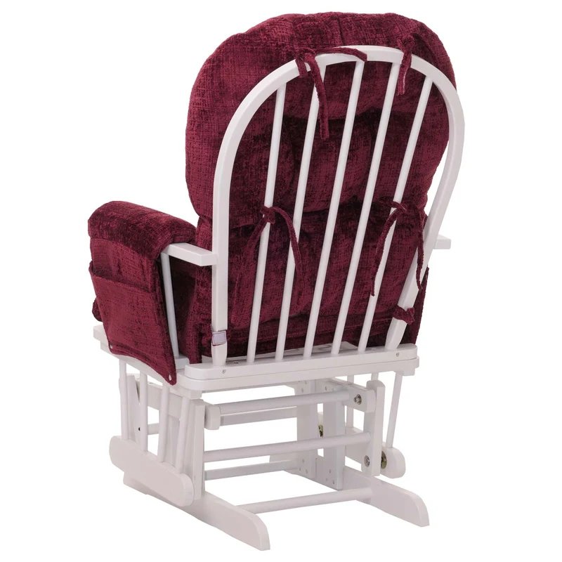 Fauteuil relax à bascule avec repose pieds assise confortable poches latérales tissu chenille bordeaux structure bois blanc 04_0009919