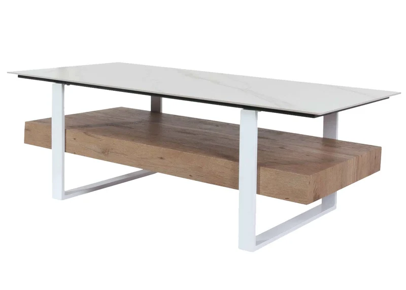 Table basse design avec plateau effet marbre blanc pierre frittée étagère rangement structure métal plateau bois naturel 04_0010118
