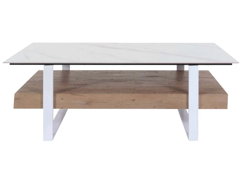Table basse design avec plateau effet marbre blanc pierre frittée étagère rangement structure métal plateau bois naturel 04_0010118
