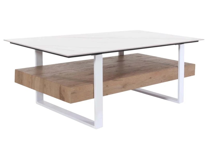 Table basse design avec plateau effet marbre blanc pierre frittée étagère rangement structure métal plateau bois naturel 04_0010118
