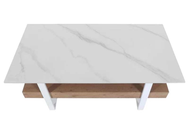 Table basse design avec plateau effet marbre blanc pierre frittée étagère rangement structure métal plateau bois naturel 04_0010118