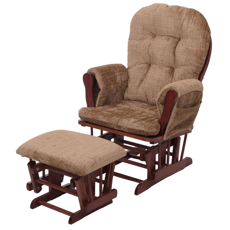 Fauteuil relax à bascule avec repose pieds confort épais poches latérales structure bois massif et tissu chenille marron clair 04_0009923