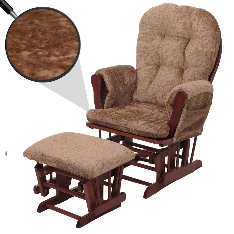 Fauteuil relax à bascule avec repose pieds confort épais poches latérales structure bois massif et tissu chenille marron clair 04_0009923