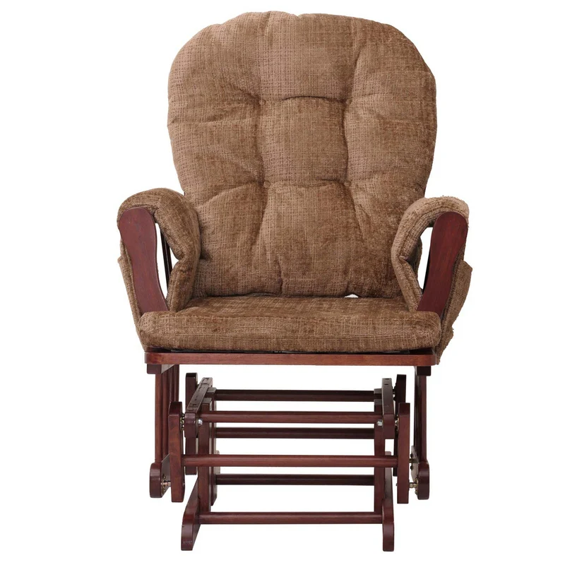 Fauteuil relax à bascule avec repose pieds confort épais poches latérales structure bois massif et tissu chenille marron clair 04_0009923