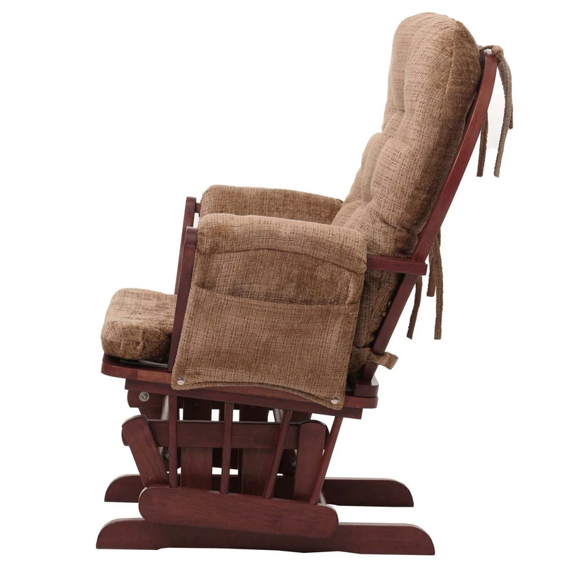 Fauteuil relax à bascule avec repose pieds confort épais poches latérales structure bois massif et tissu chenille marron clair 04_0009923