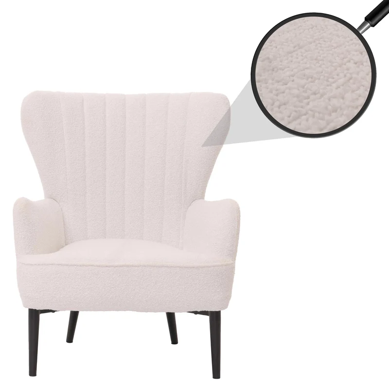 Fauteuil lounge design avec accoudoirs assise large confort épais style rétro tissu bouclé blanc structure métal 04_0009997
