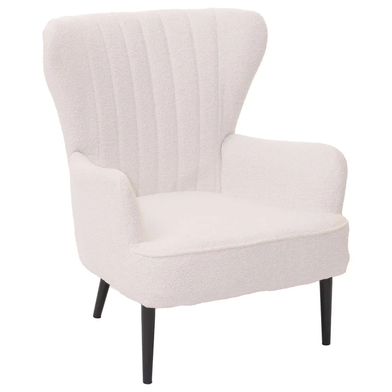 Fauteuil lounge design avec accoudoirs assise large confort épais style rétro tissu bouclé blanc structure métal 04_0009997
