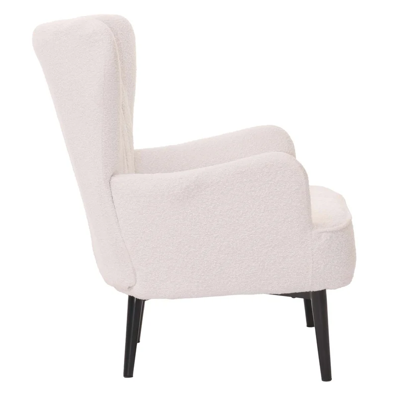 Fauteuil lounge design avec accoudoirs assise large confort épais style rétro tissu bouclé blanc structure métal 04_0009997