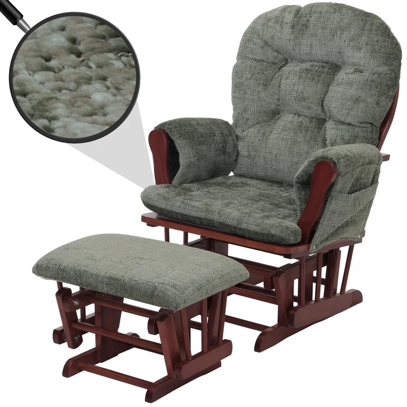Fauteuil relax à bascule avec repose pieds assise confortable poches latérales tissu chenille vert structure bois foncé 04_0009924