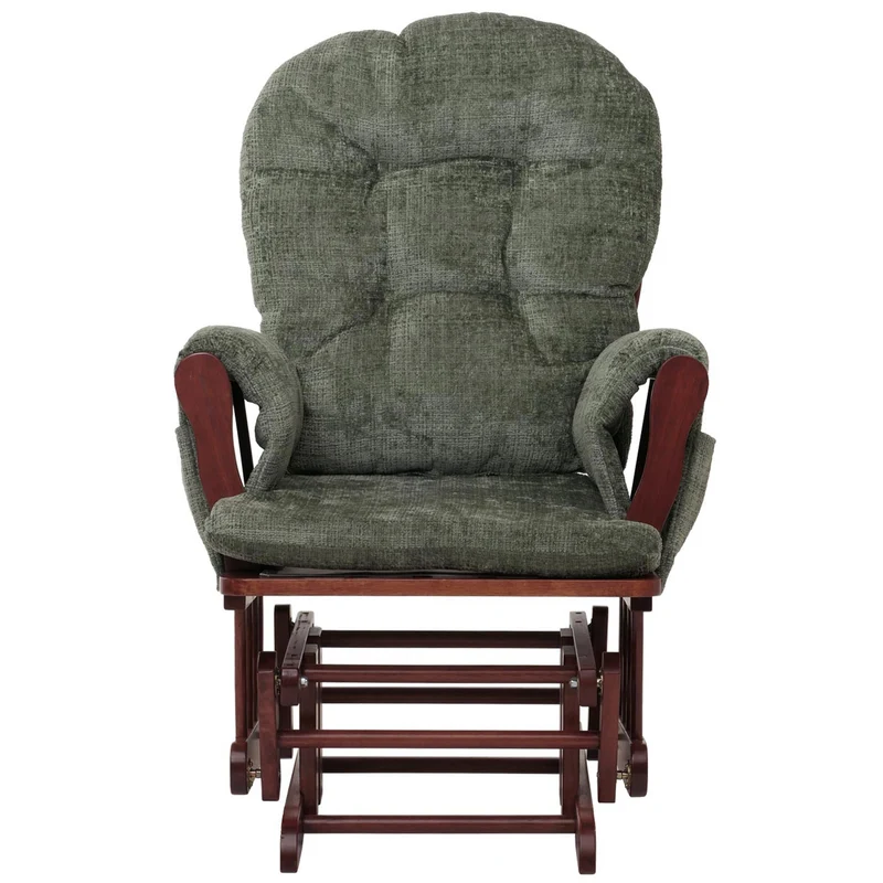 Fauteuil relax à bascule avec repose pieds assise confortable poches latérales tissu chenille vert structure bois foncé 04_0009924