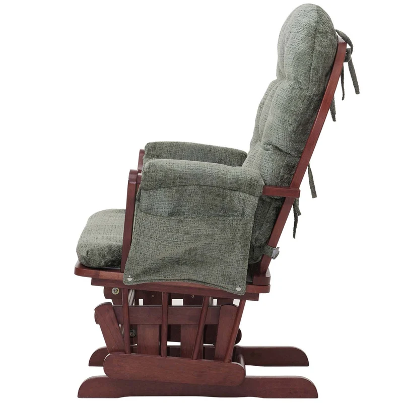 Fauteuil relax à bascule avec repose pieds assise confortable poches latérales tissu chenille vert structure bois foncé 04_0009924