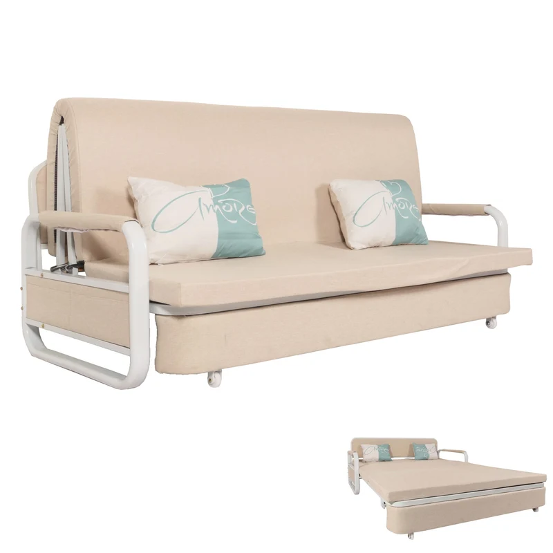 Canapé 71 x 190 x 185 cm convertible avec coffre de rangement grande surface de couchage roulettes accoudoirs coussins confort tissu beige 04_0010112