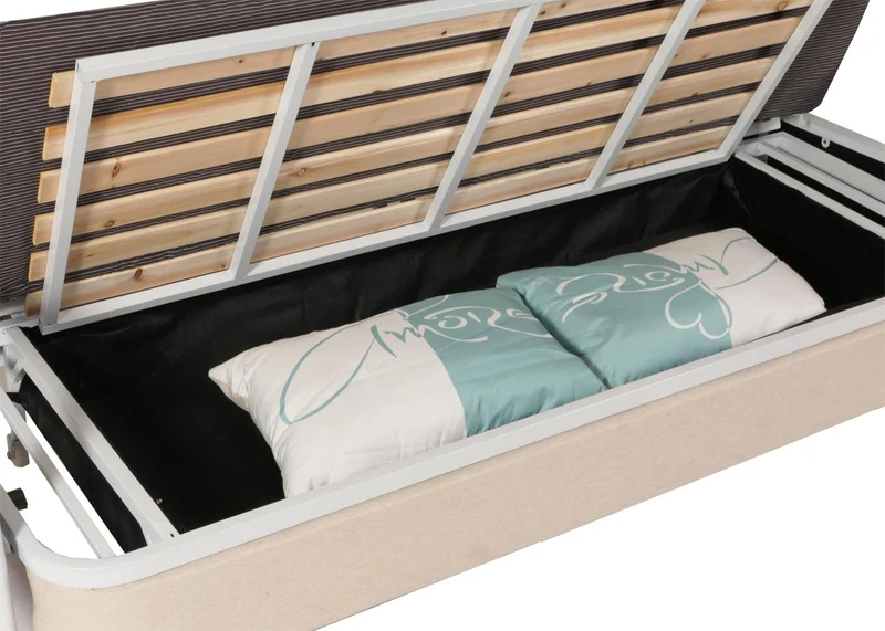 Canapé 71 x 190 x 185 cm convertible avec coffre de rangement grande surface de couchage roulettes accoudoirs coussins confort tissu beige 04_0010112