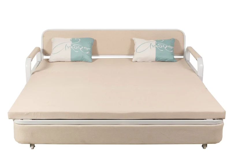 Canapé 71 x 190 x 185 cm convertible avec coffre de rangement grande surface de couchage roulettes accoudoirs coussins confort tissu beige 04_0010112