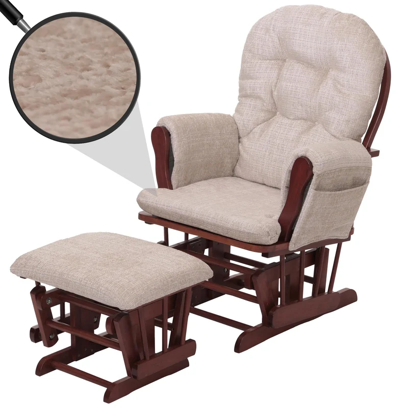 Fauteuil relax à bascule avec repose pieds confort rembourré poches latérales tissu chenille crème structure bois foncé 04_0009930