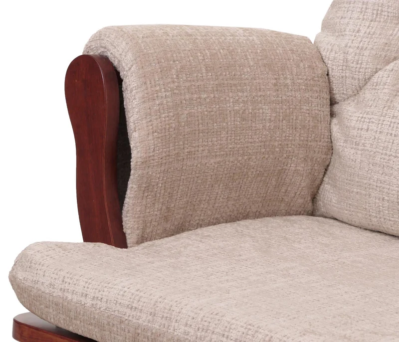 Fauteuil relax à bascule avec repose pieds confort rembourré poches latérales tissu chenille crème structure bois foncé 04_0009930