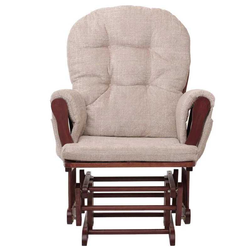 Fauteuil relax à bascule avec repose pieds confort rembourré poches latérales tissu chenille crème structure bois foncé 04_0009930